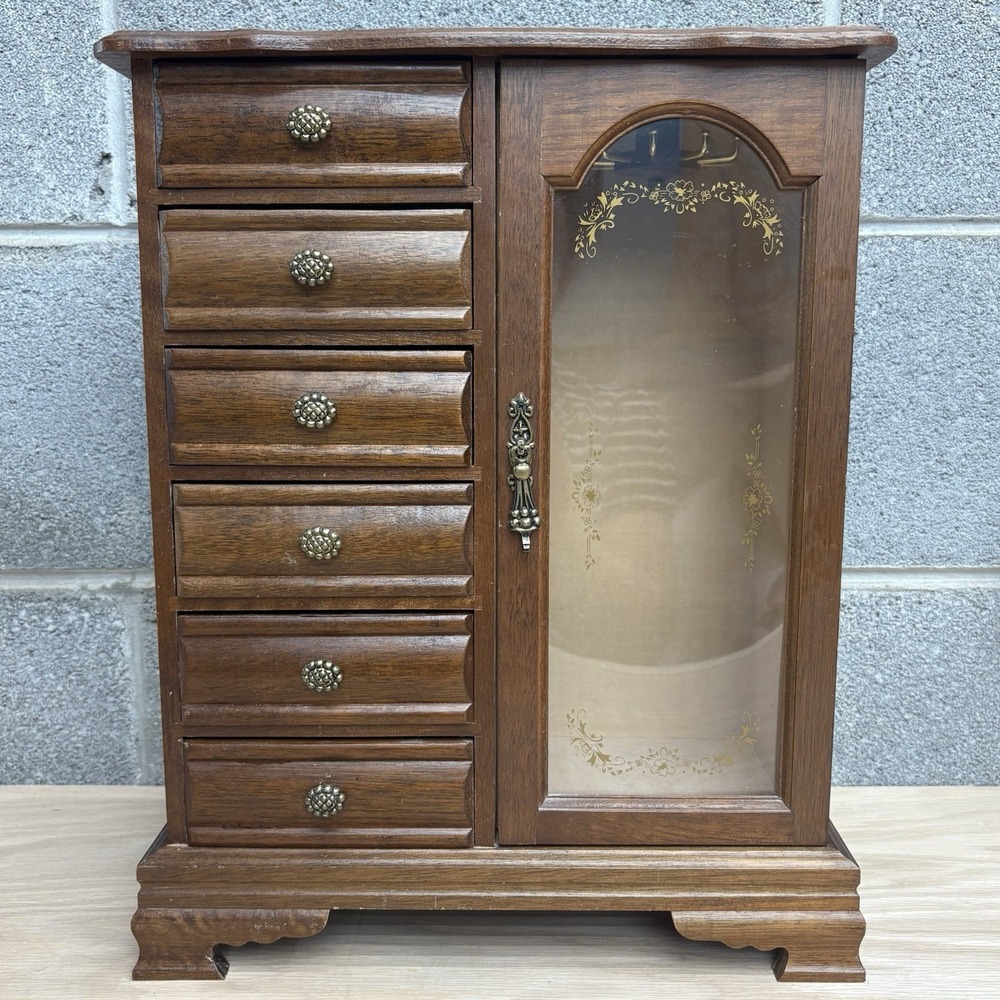 Vintage Wood Jewelry Box Organizer Display Storage Case 6 Drawer